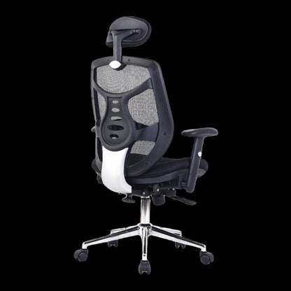 Black office chair with mesh backrest on a black background