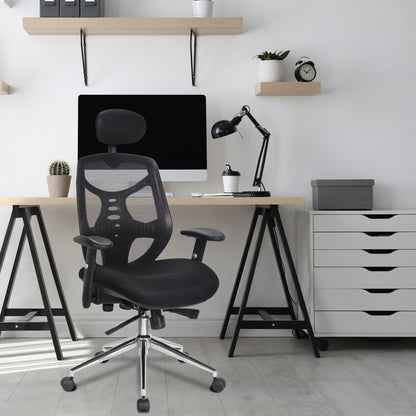 Modern office setup with a black ergonomic chair, desk, computer monitor, and white storage drawers.