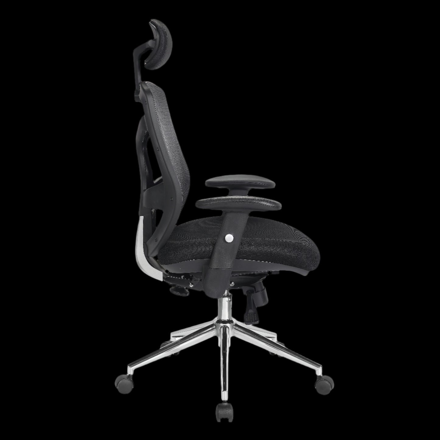 Black office chair with adjustable features on a black background