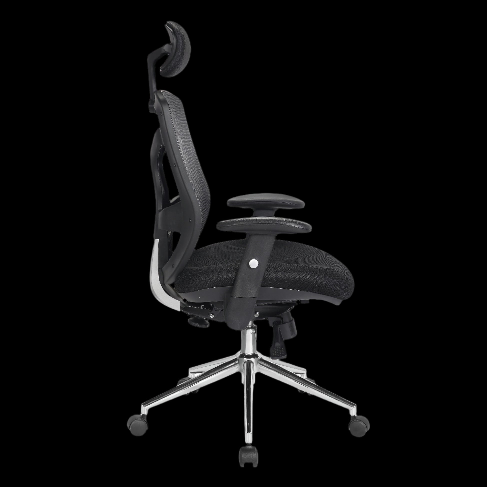 Black office chair with adjustable features on a black background