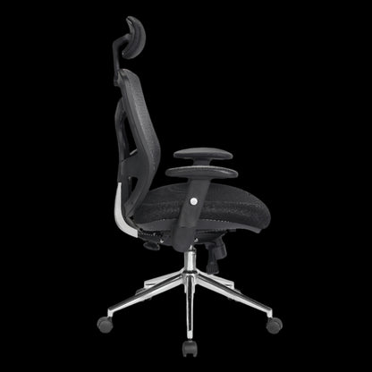 Black office chair with adjustable features on a black background