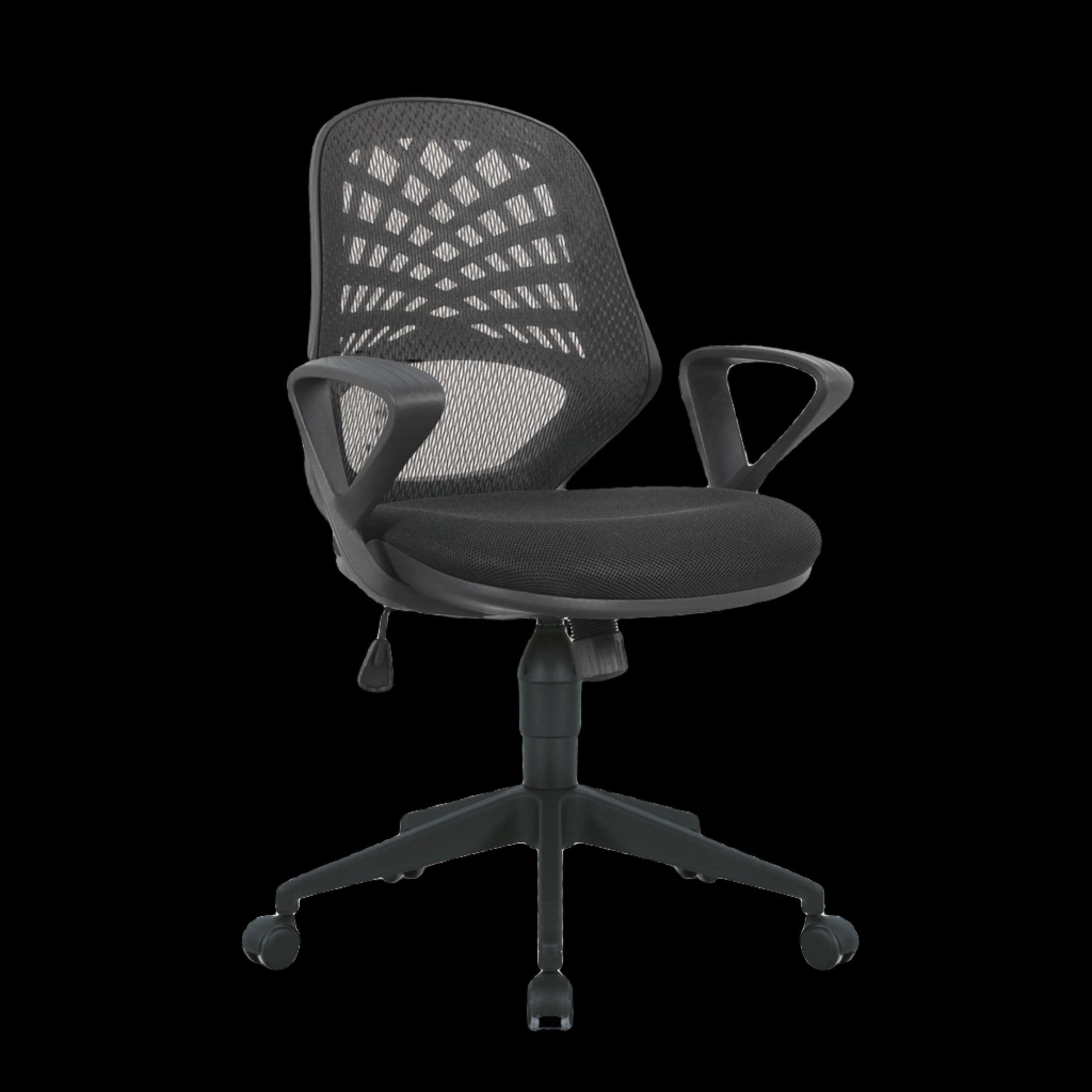 Black office chair with mesh back on a black background
