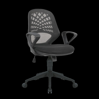 Black office chair with mesh back on a black background