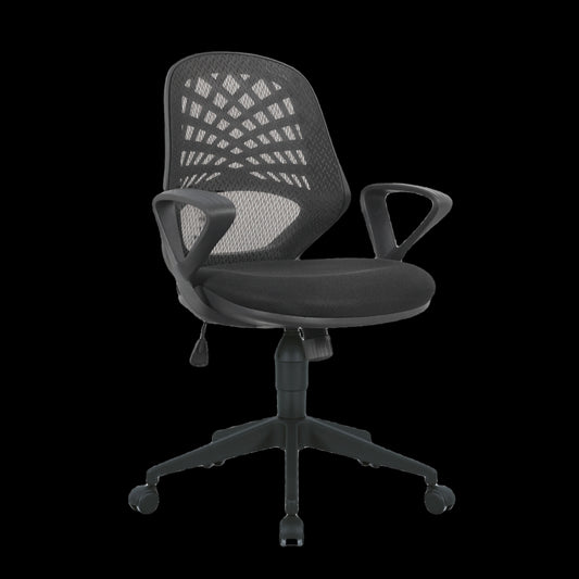 Black office chair with mesh back on a black background