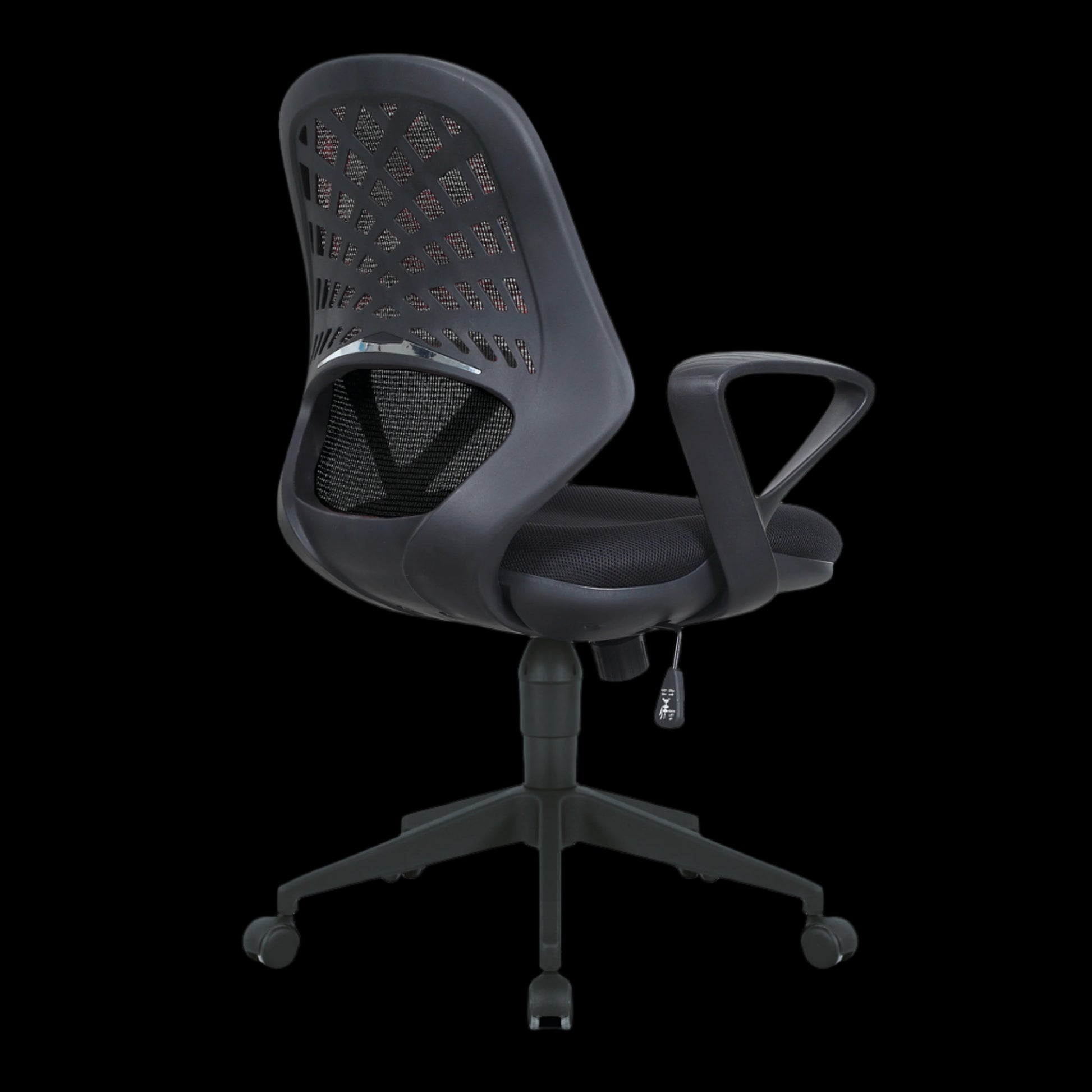 Gray office chair with mesh back on a black background