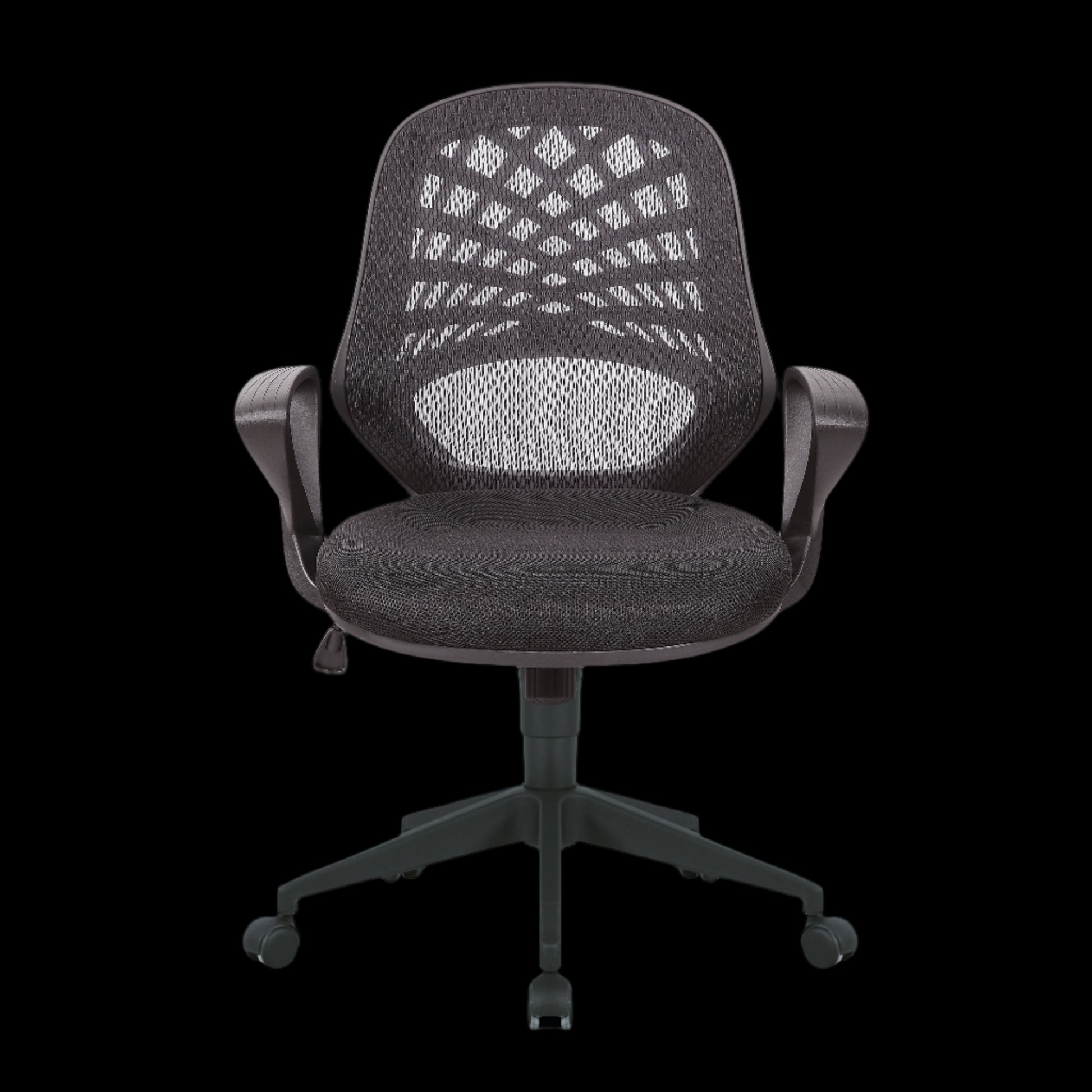 Gray office chair with mesh back on a black background