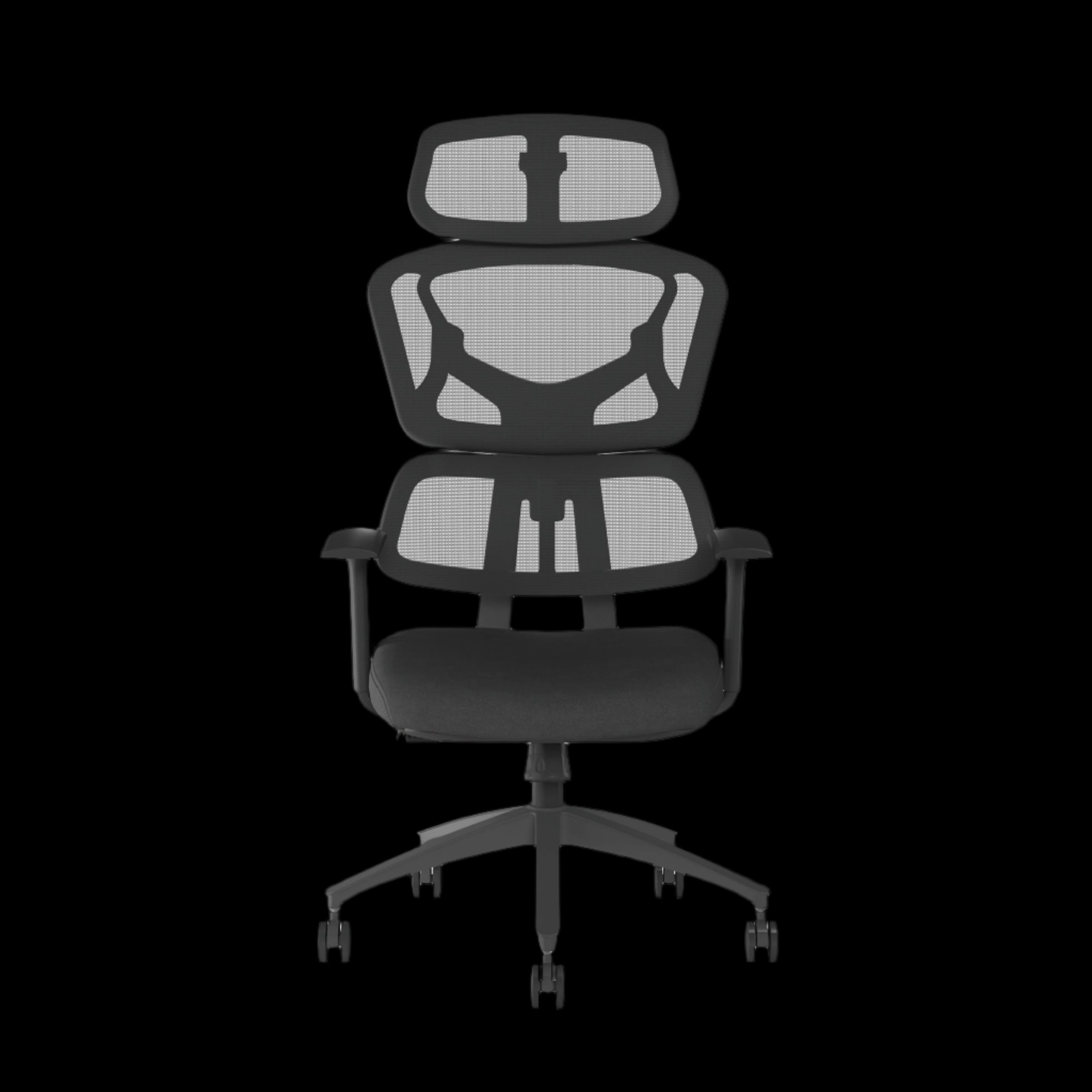 Black office chair with mesh backrest on a black background