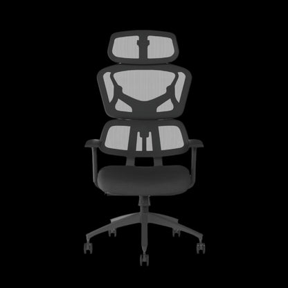 Black office chair with mesh backrest on a black background