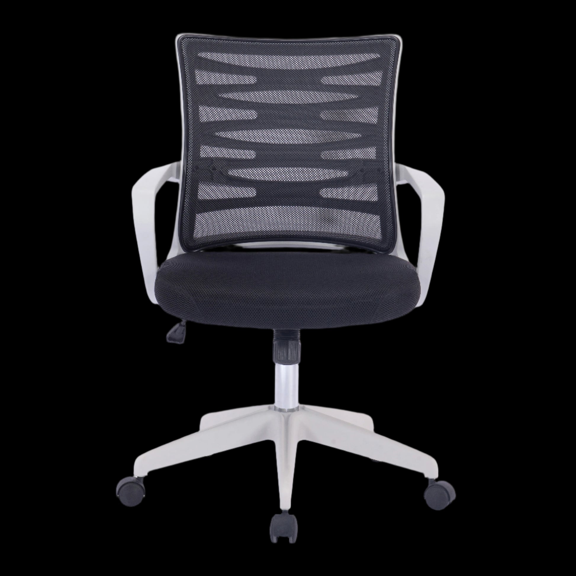 Black office chair with mesh backrest on a black background