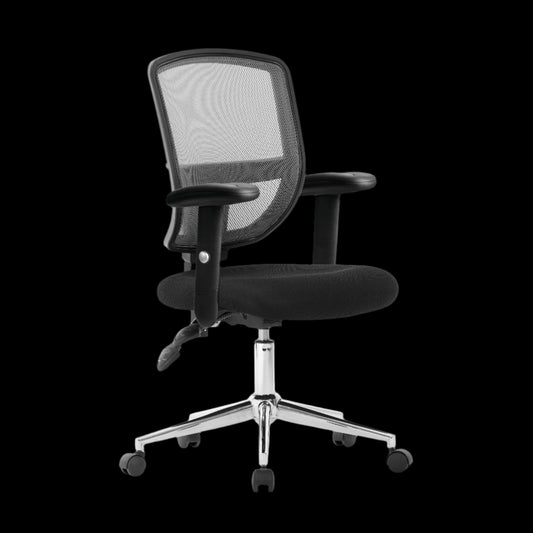 Black office chair with mesh backrest on a black background