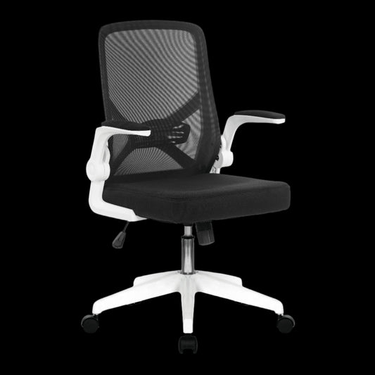 Black office chair with white base on a black background