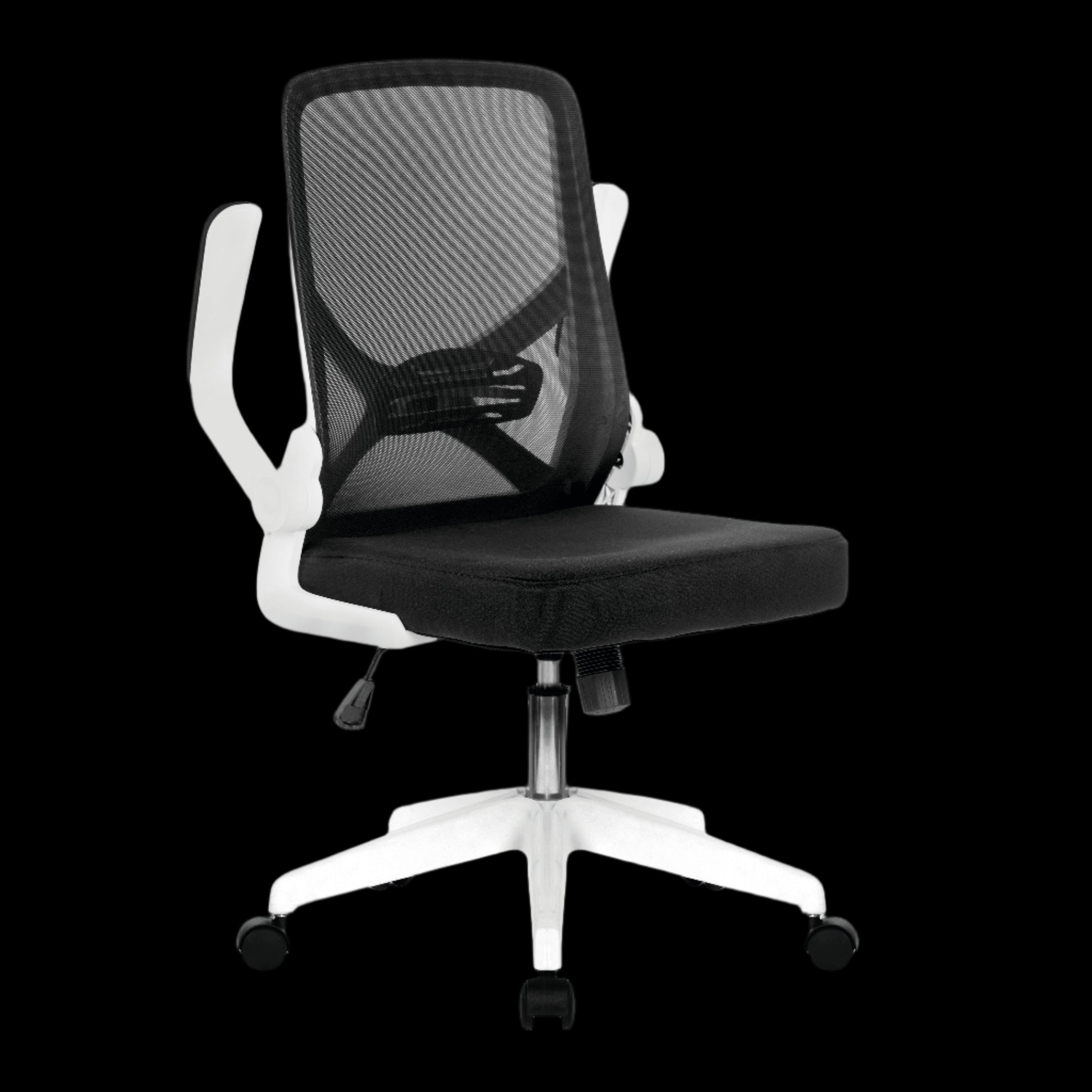 Black office chair with white frame on a black background