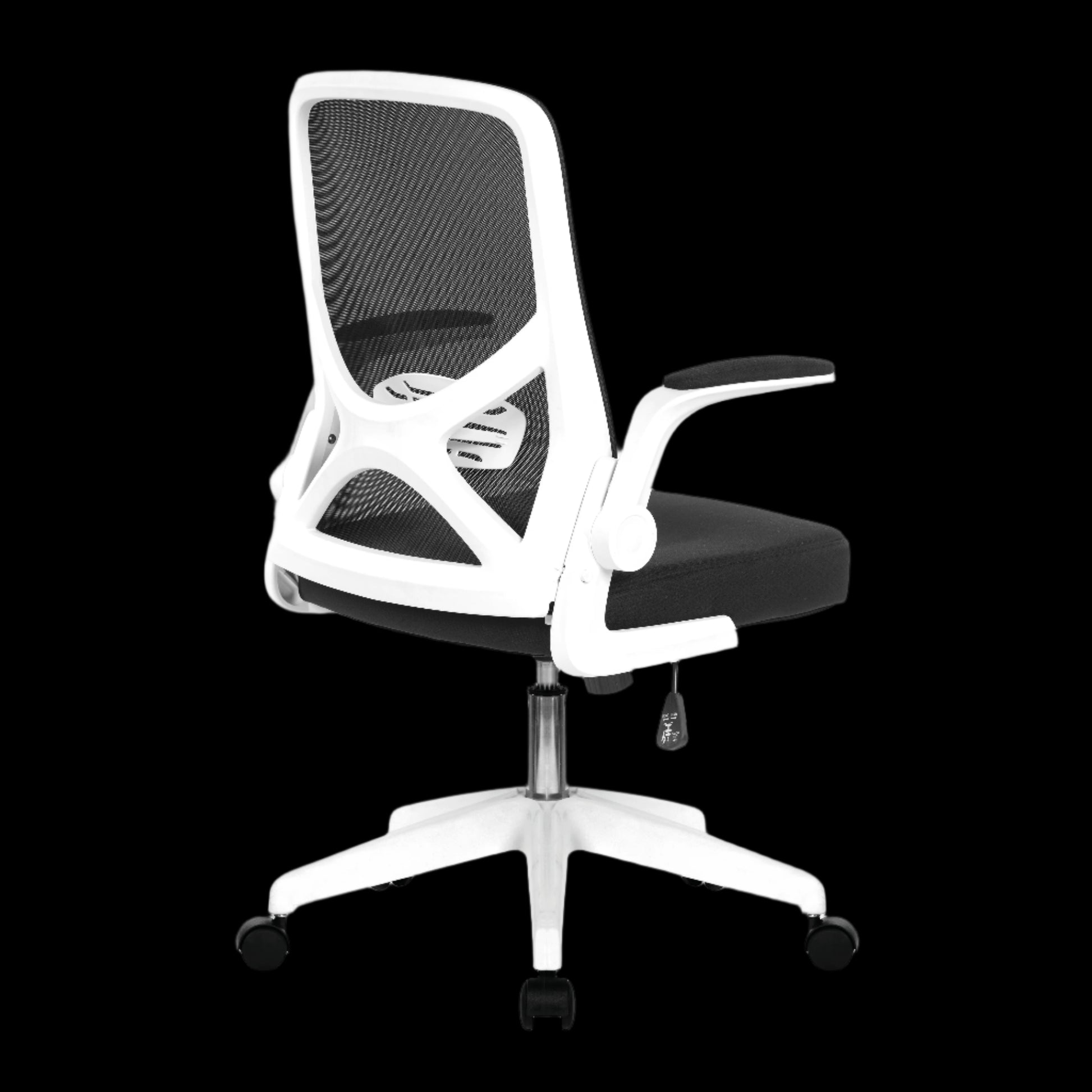 Black office chair with white frame on a black background