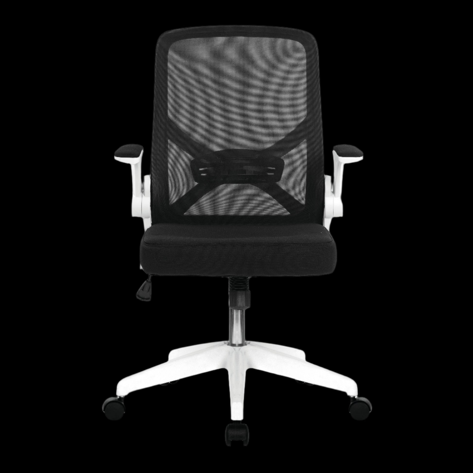 Black office chair with mesh backrest on a black background