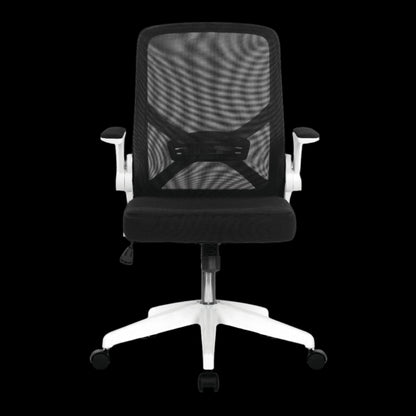 Black office chair with mesh backrest on a black background