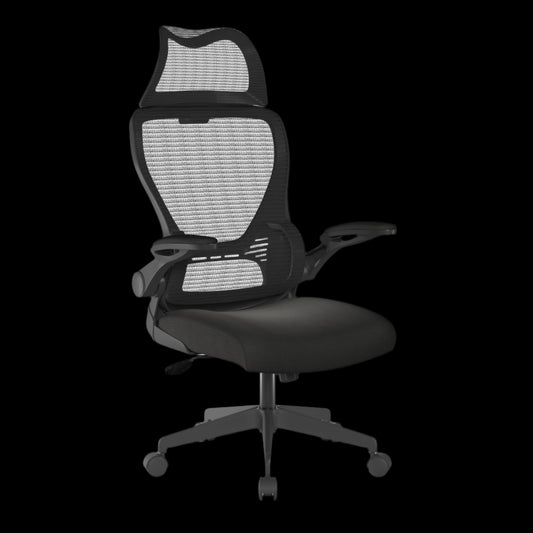 Black office chair with mesh back on a black background
