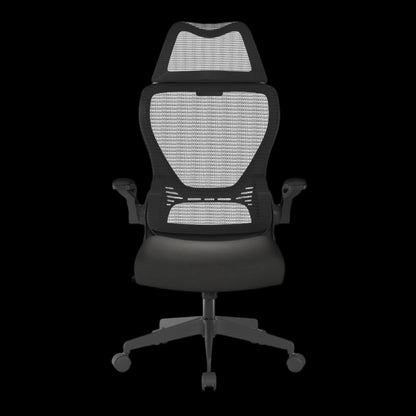 Black office chair with mesh backrest on a black background