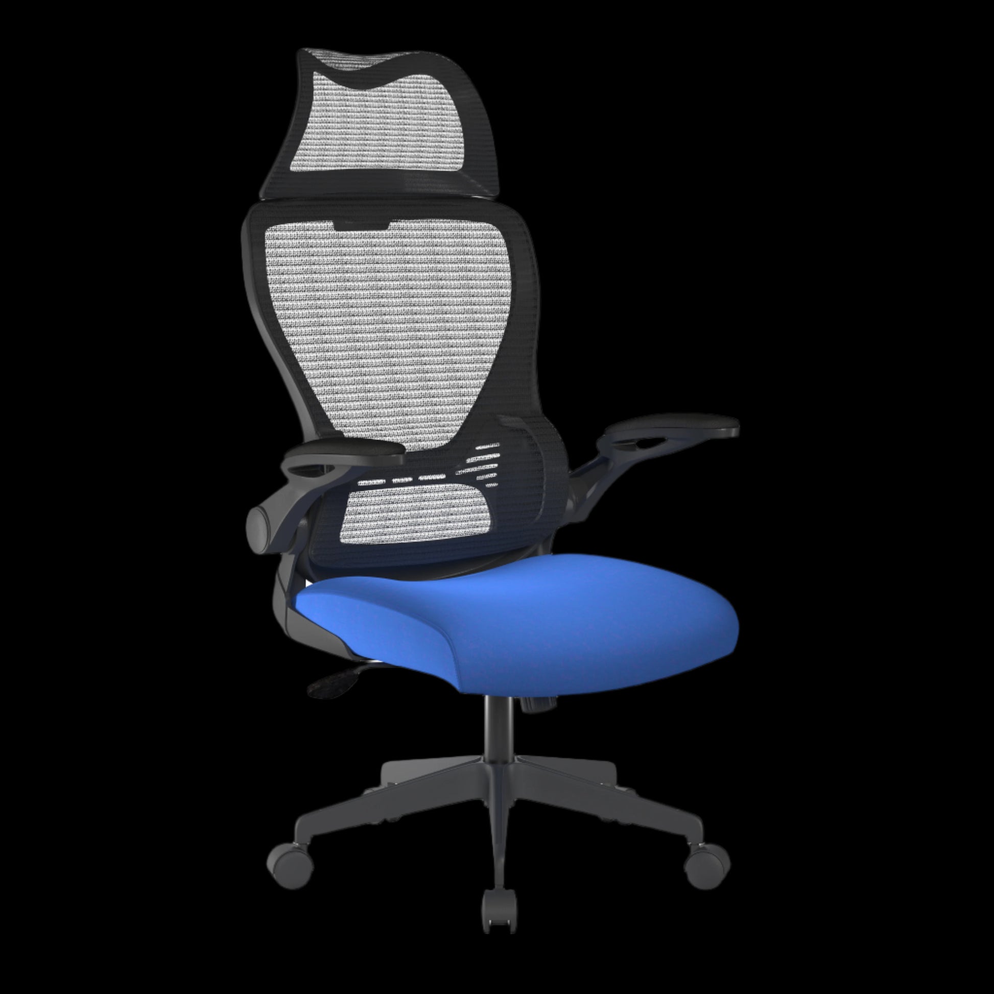 Blue office chair with mesh back and ergonomic design on a black background