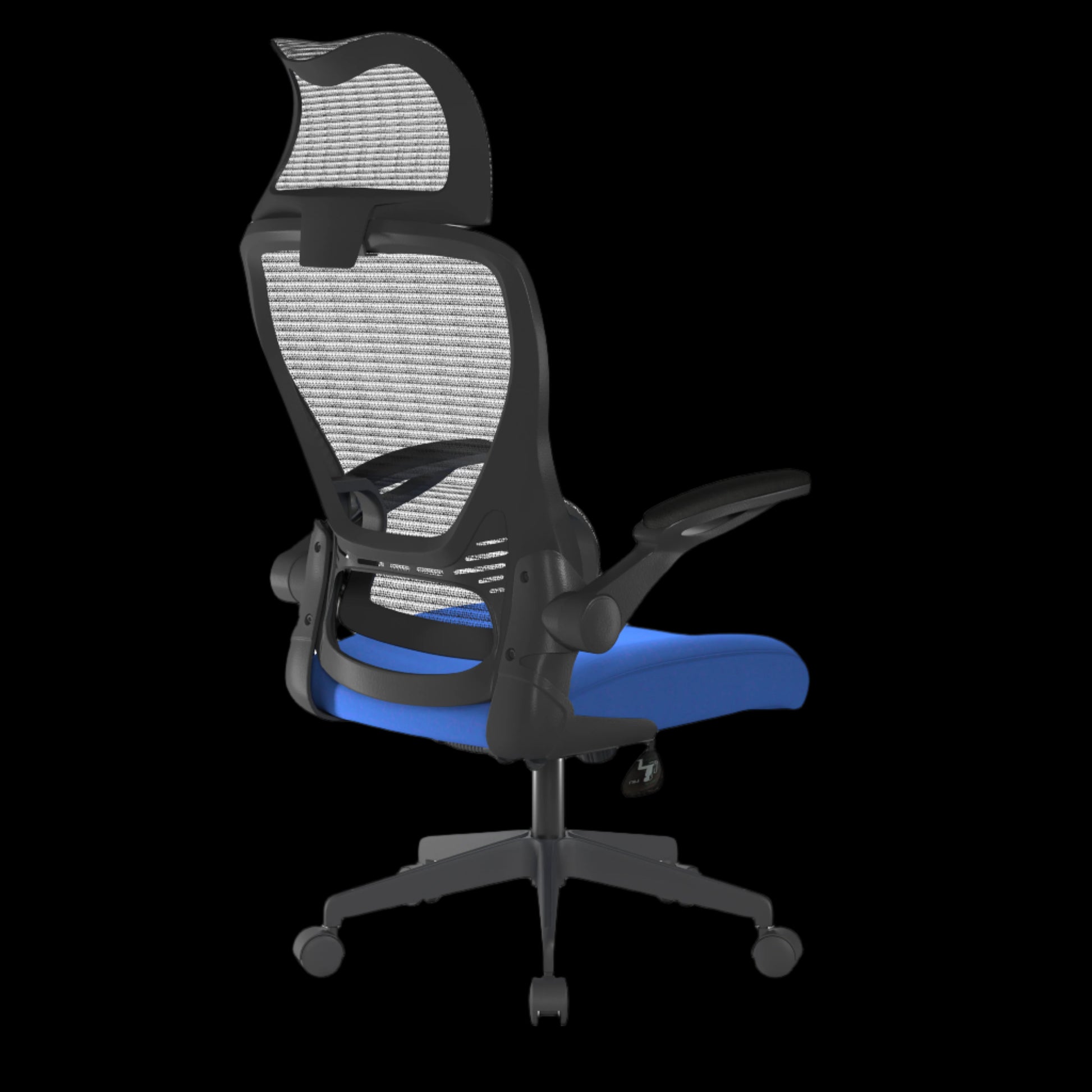 Ergonomic office chair with mesh back and blue seat on a black background