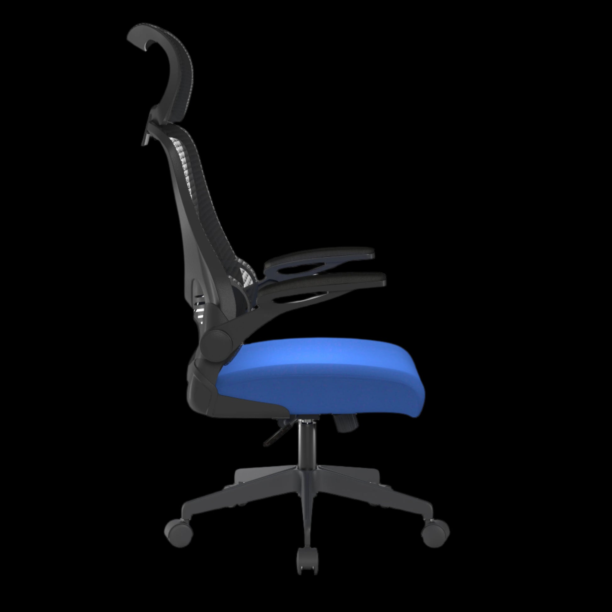 Blue office chair with black frame on a black background