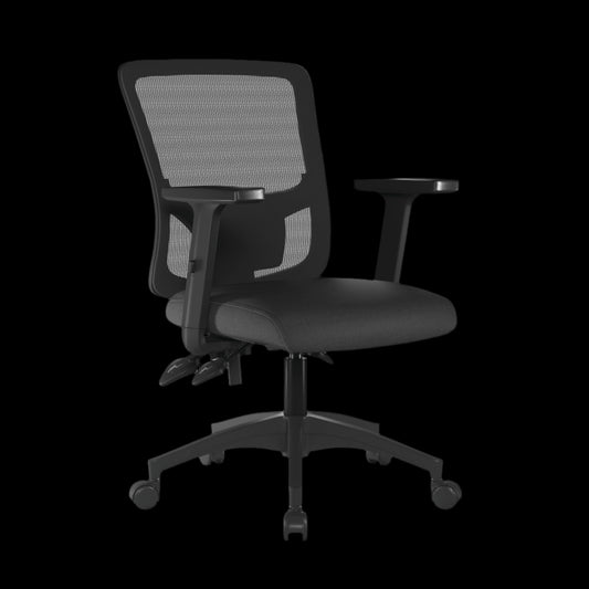 Black office chair with mesh back on a black background