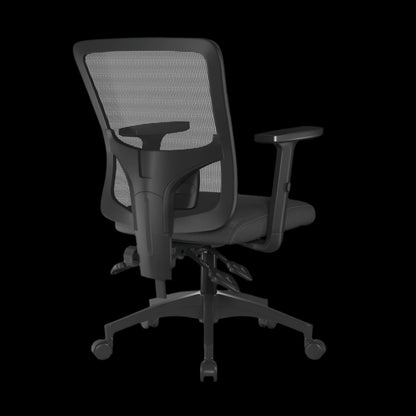 Black office chair with mesh back on a black background