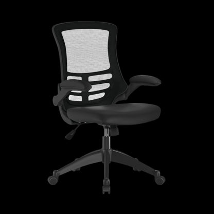 Black office chair with mesh back on a black background