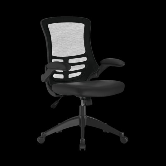 Black office chair with mesh back on a black background