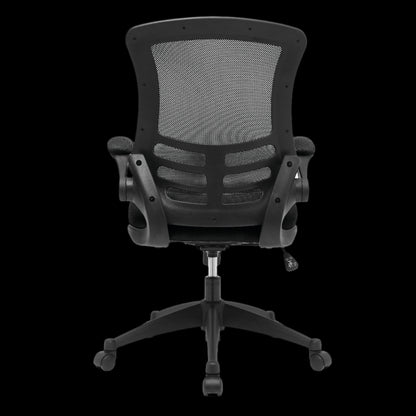 Black office chair with mesh back on a black background