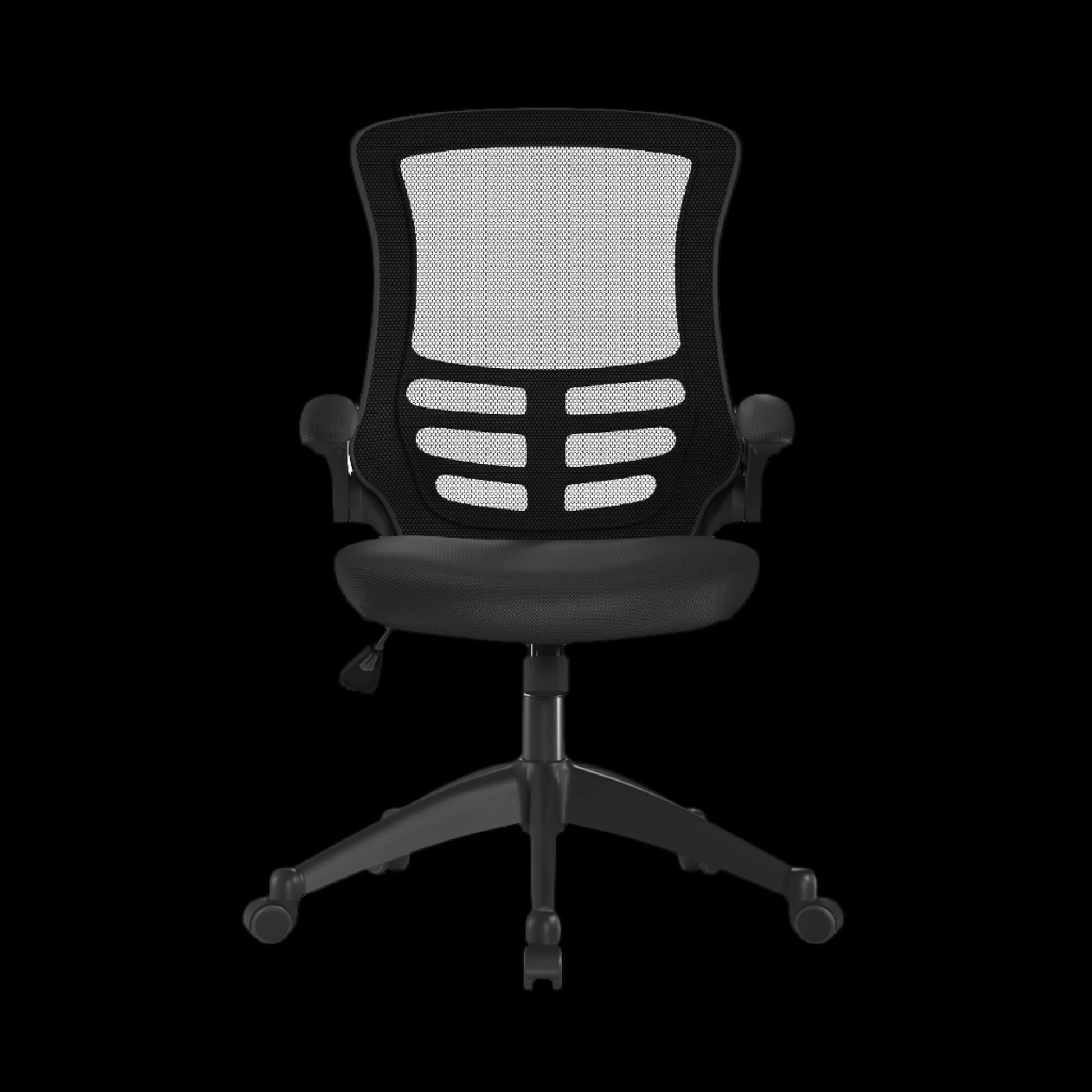 Black office chair with mesh back on a black background
