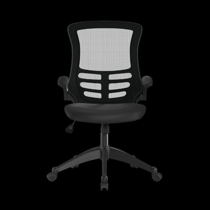Black office chair with mesh back on a black background