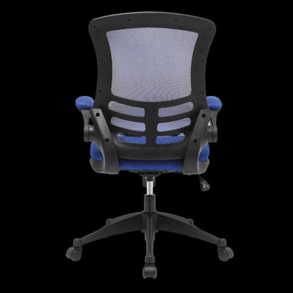 Blue office chair with black mesh back on a black background