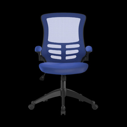 Blue office chair with mesh back on a black background