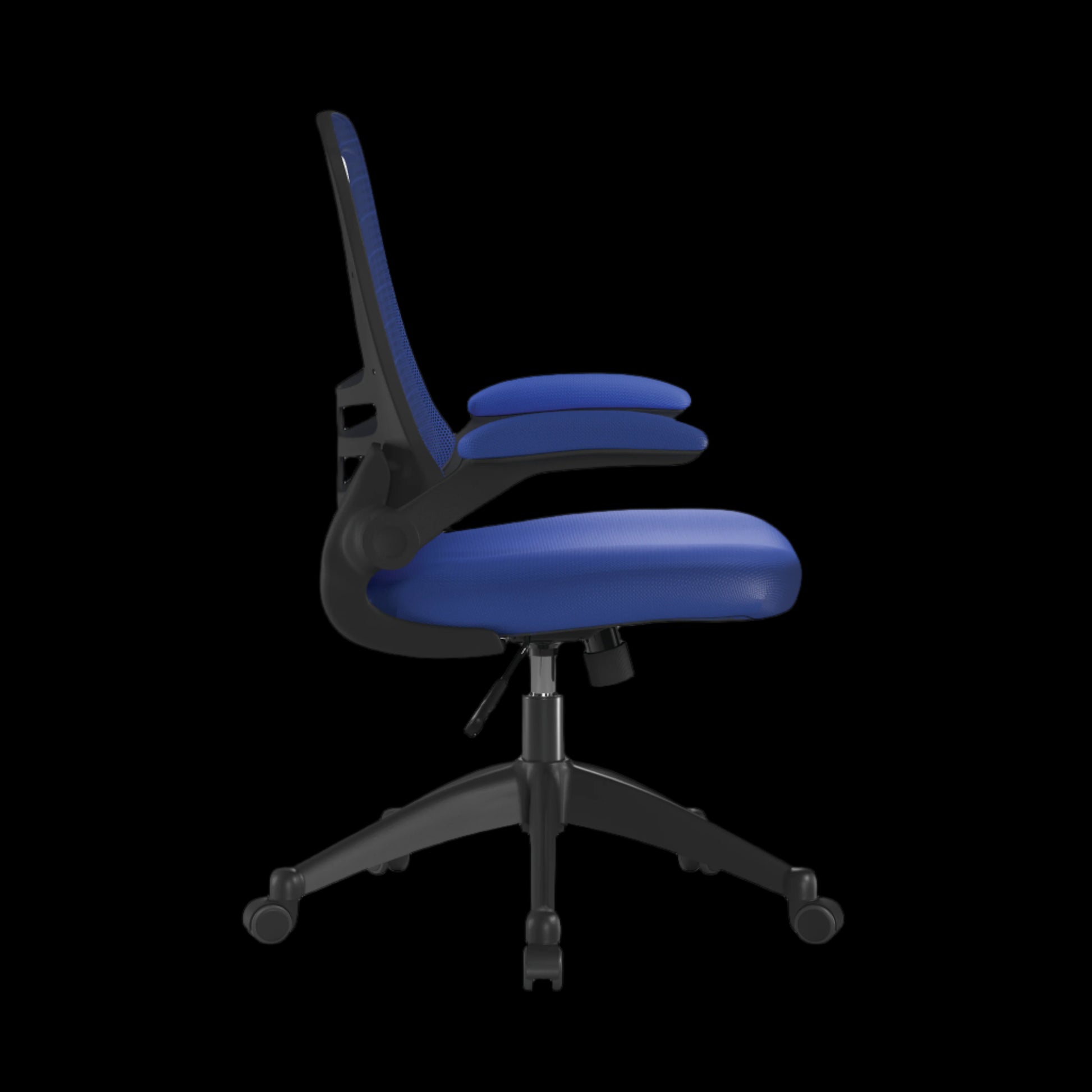 Blue office chair with black base on a black background