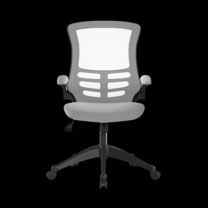 Gray office chair with mesh back on a black background