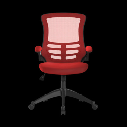 Red office chair with mesh back on a black background