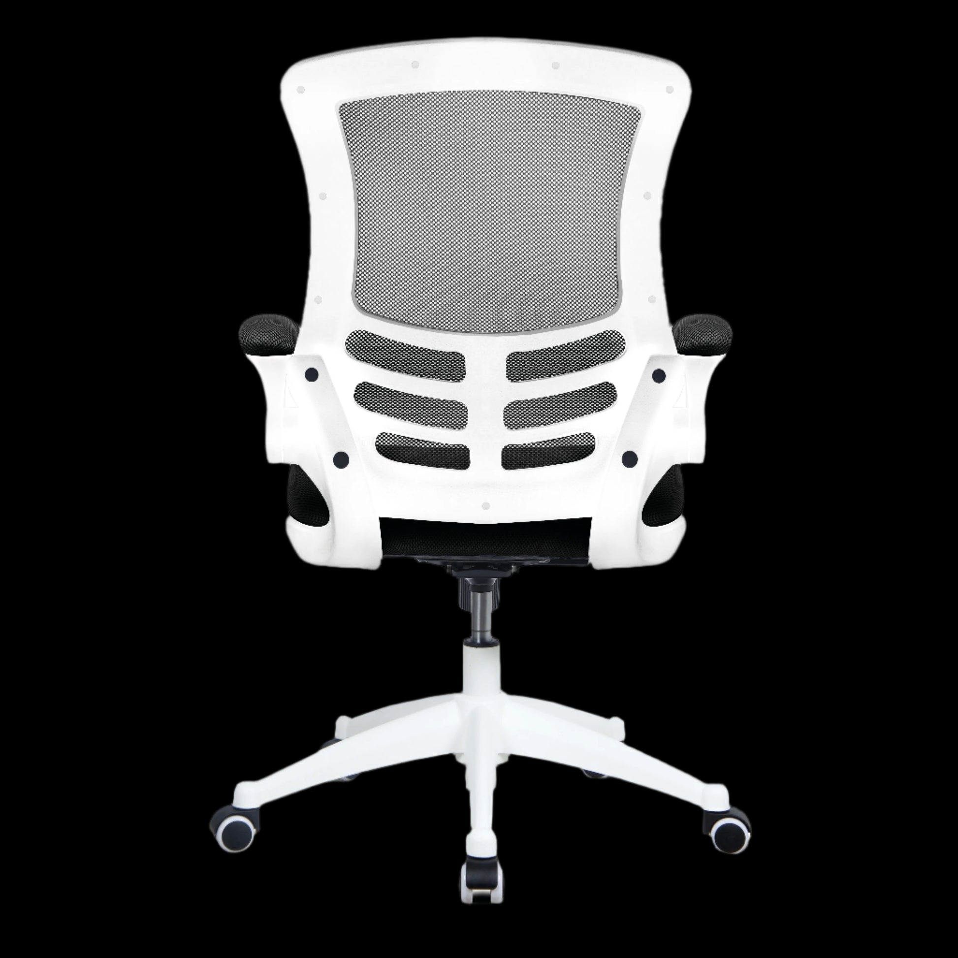 White office chair with black accents on a black background