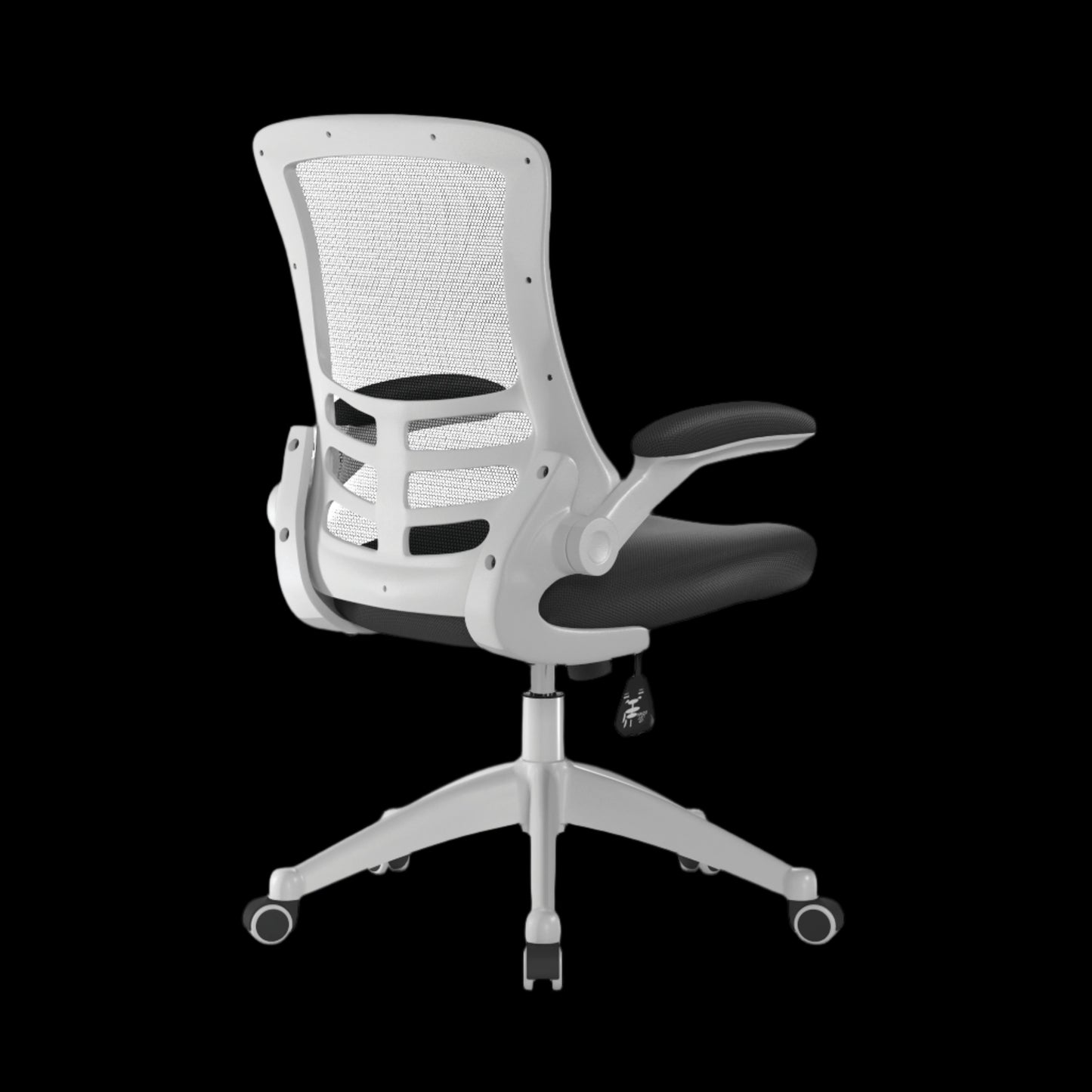 White office chair with black accents on a black background