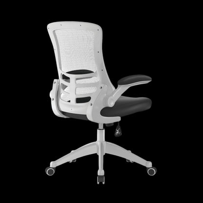White office chair with black accents on a black background