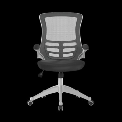 Black office chair with mesh backrest on a black background