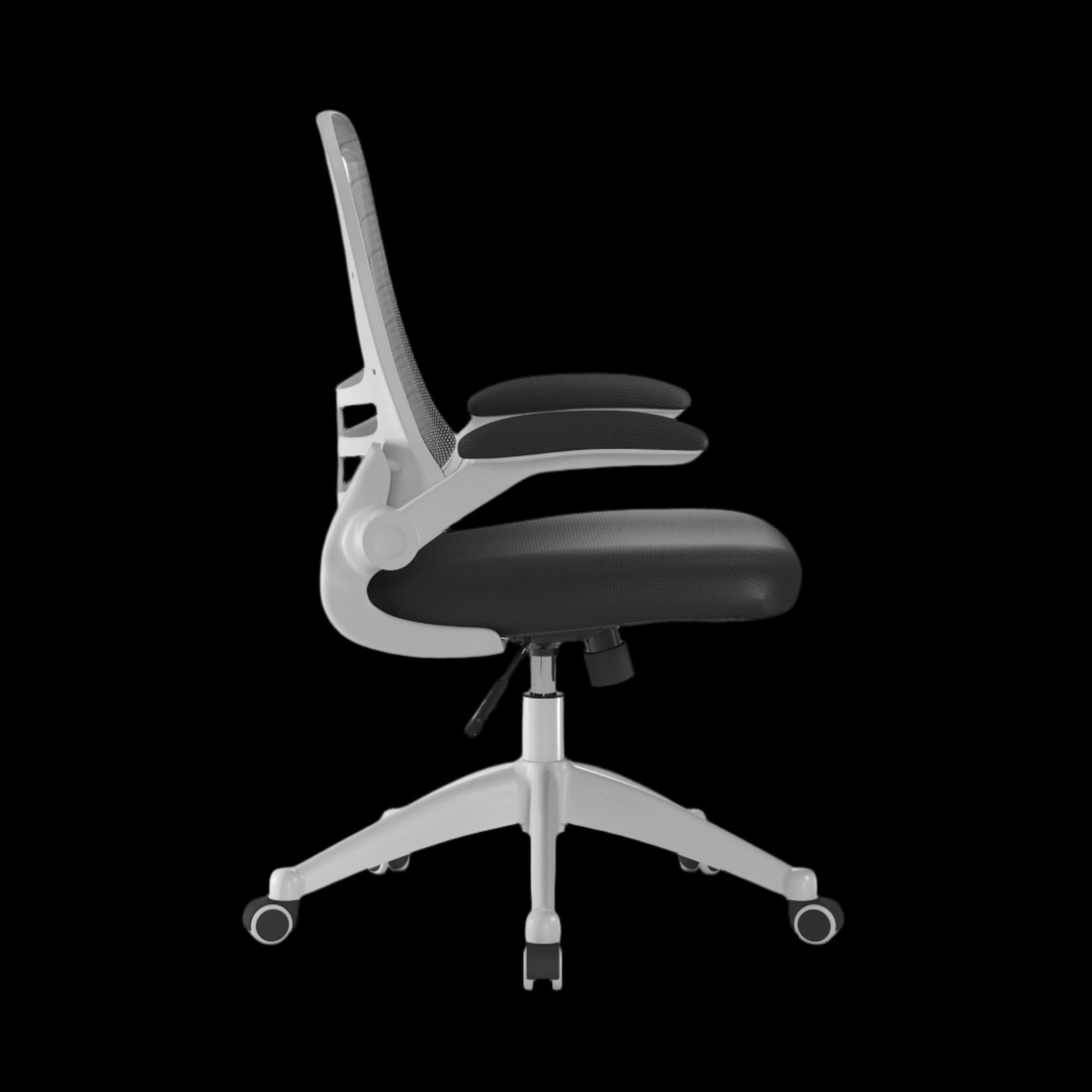 Black office chair with white base on a black background