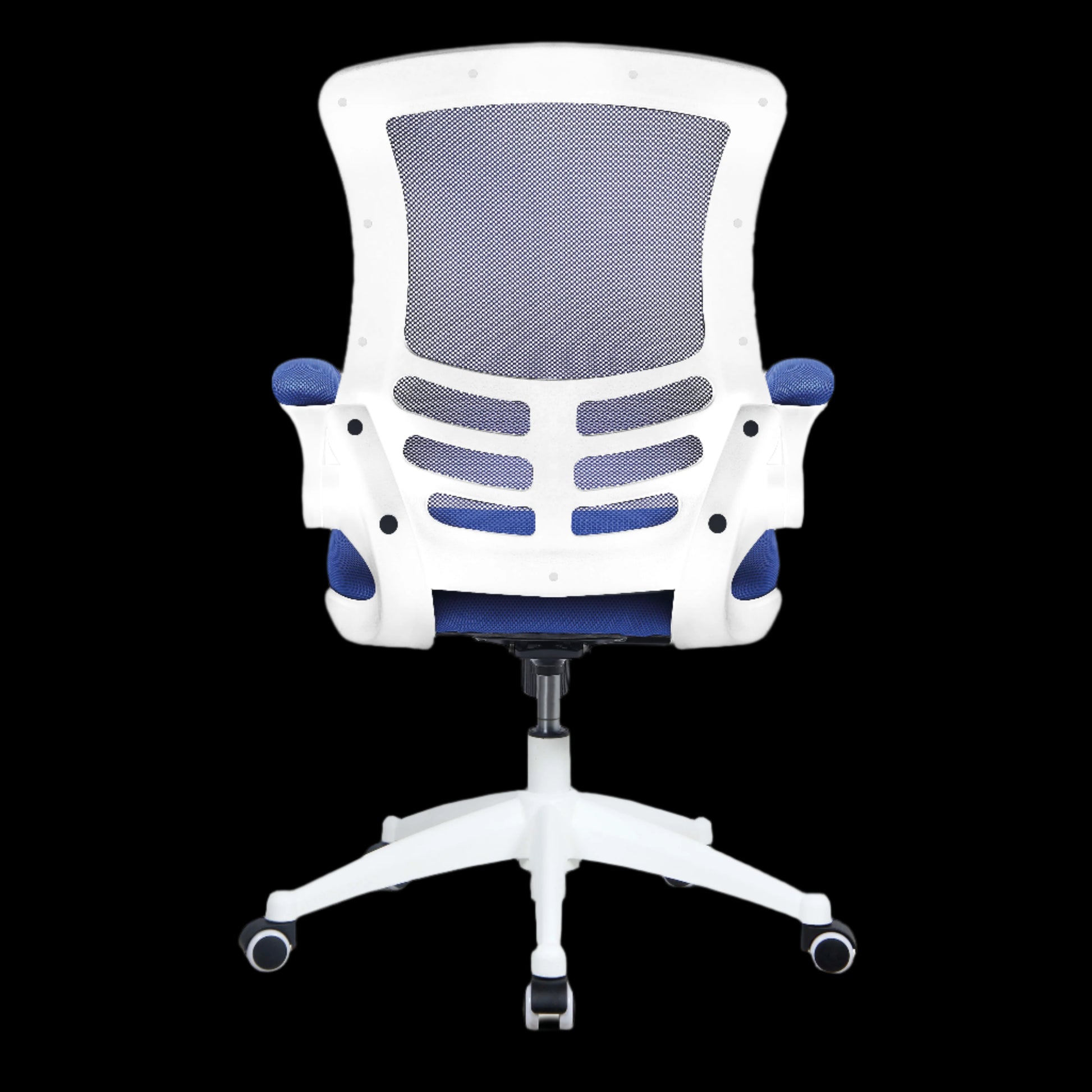 White office chair with blue accents on a black background