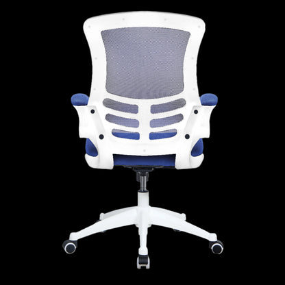 White office chair with blue accents on a black background