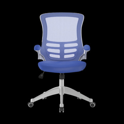 Blue office chair with mesh back on a black background
