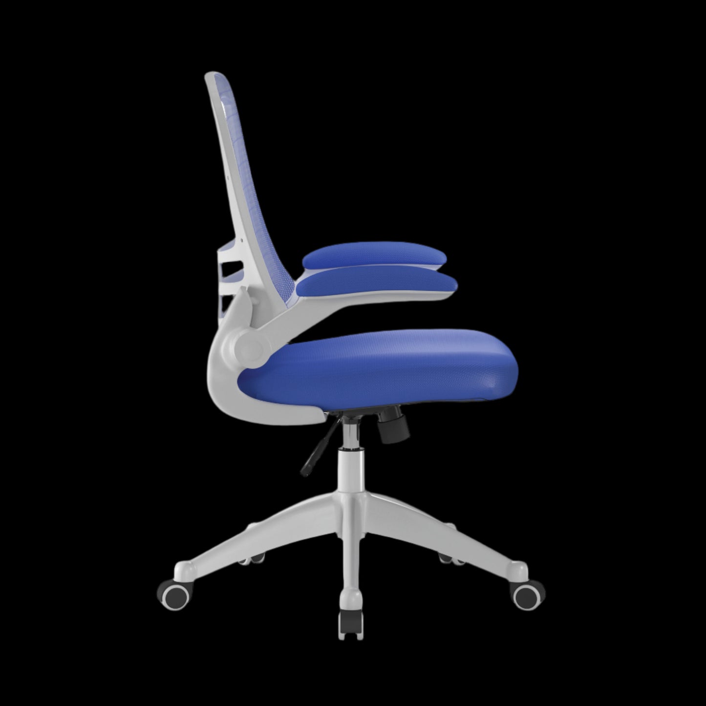 Blue office chair with white frame on a black background
