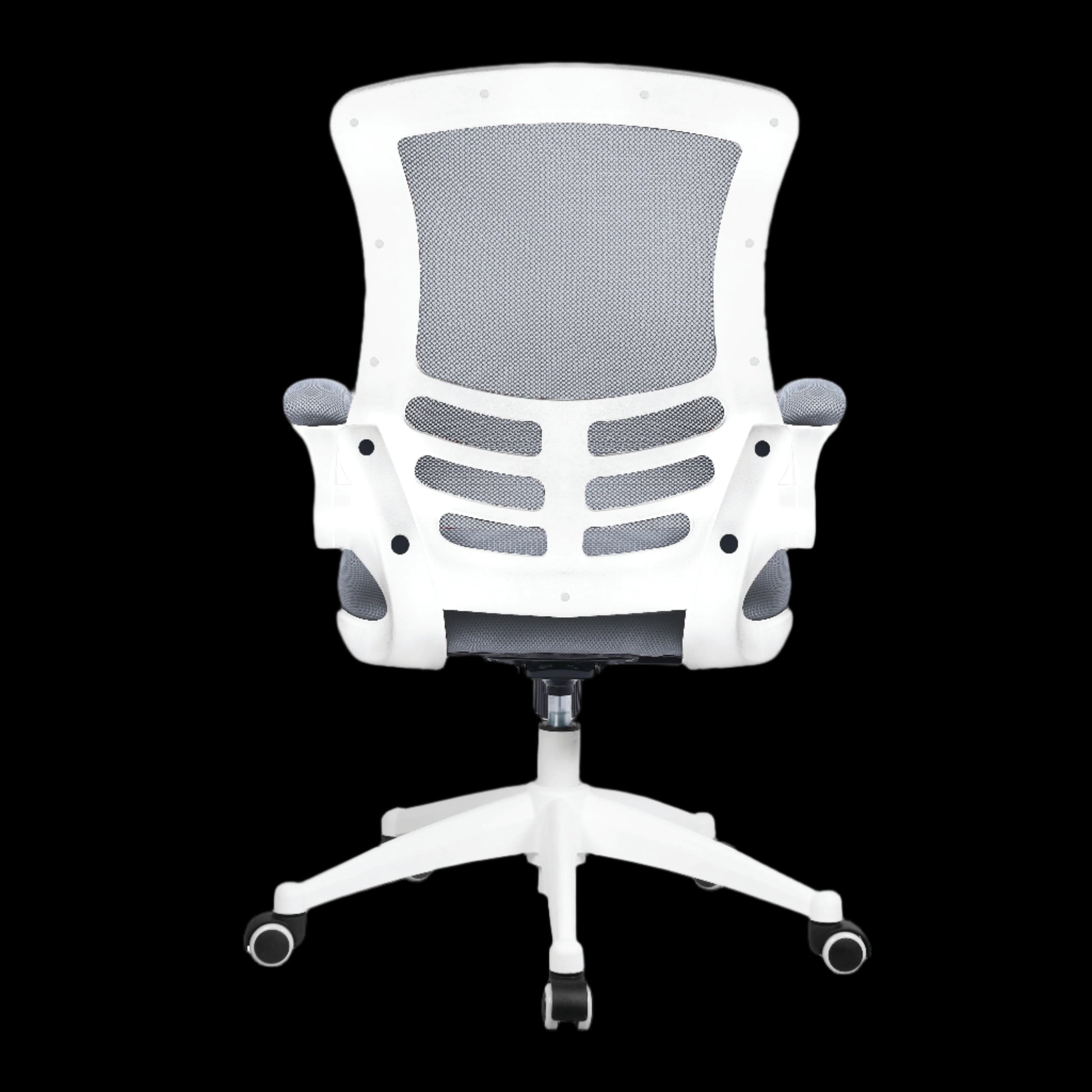 White office chair with gray mesh backrest on a black background