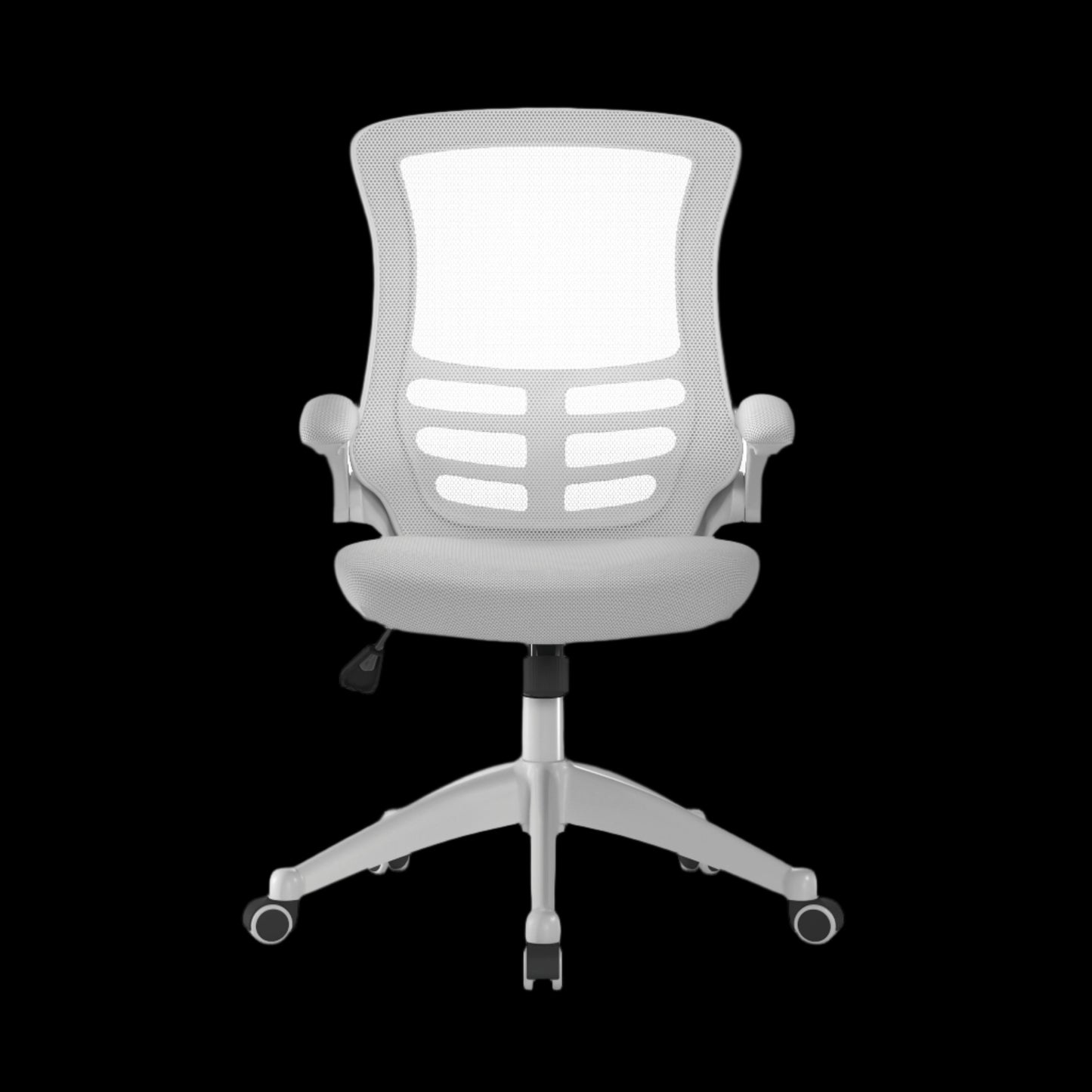 White office chair with mesh back on a black background