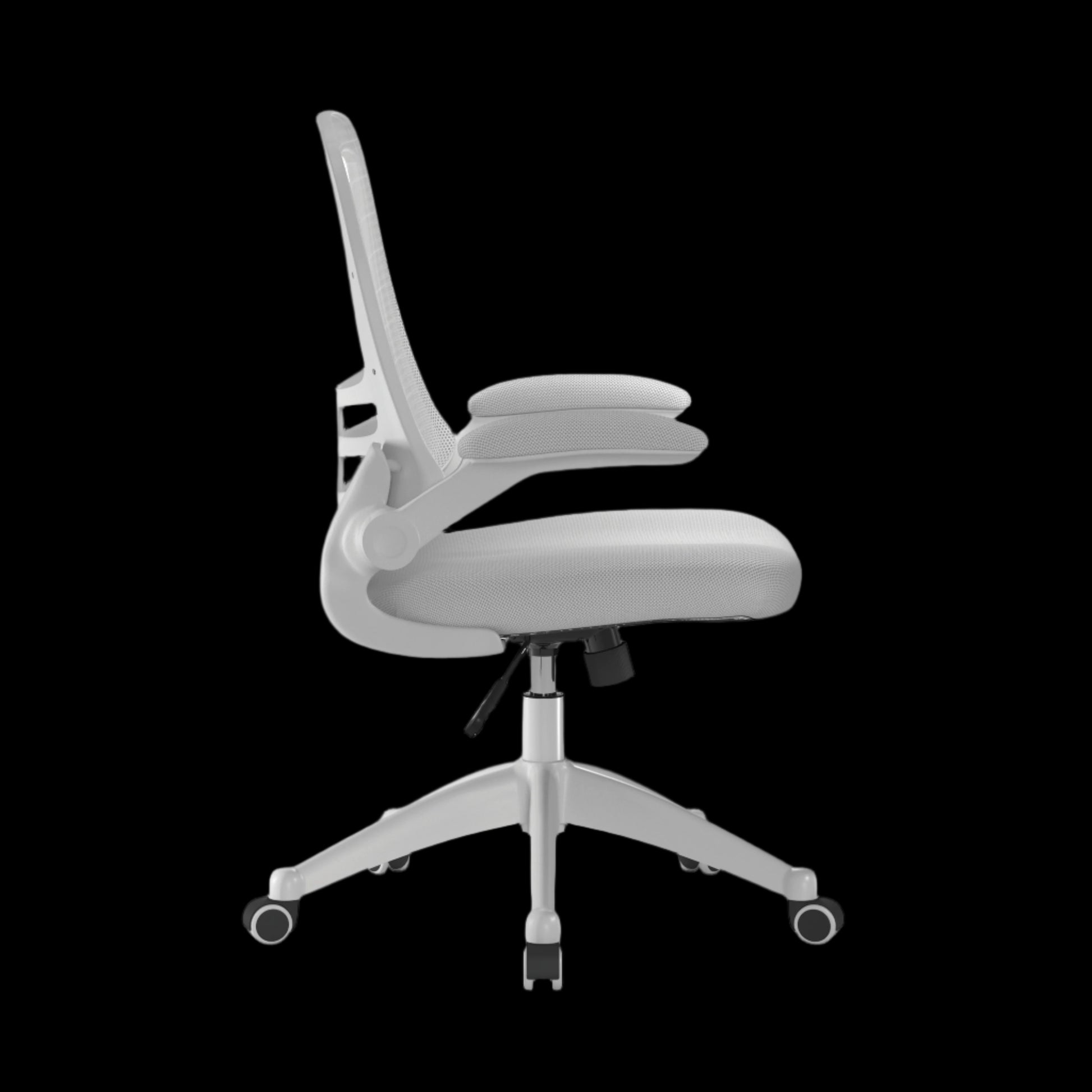 White office chair with wheels on a black background