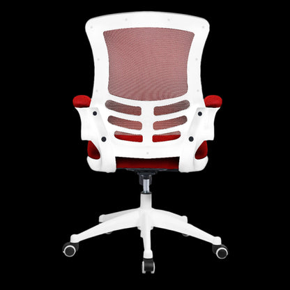 White office chair with red mesh backrest on a black  background
