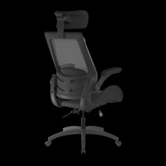 Black office chair with adjustable headrest on a black background